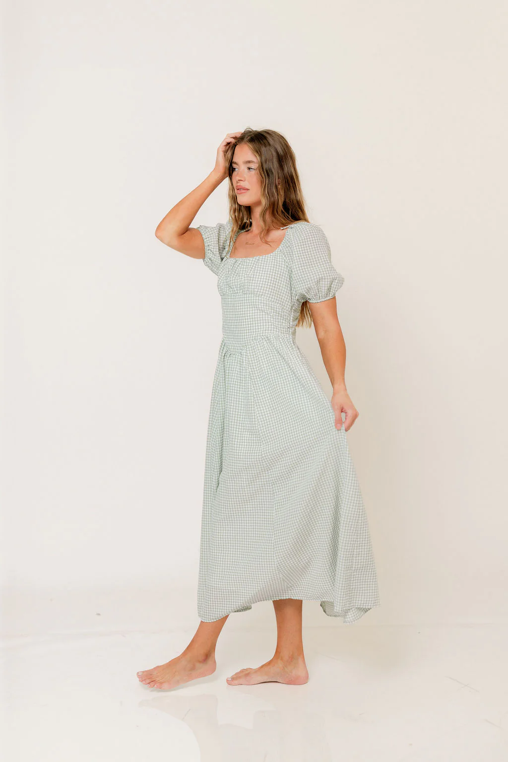 Briana Gingham Basque Puff Sleeve Maxi Dress in Lily Pad - Image 4