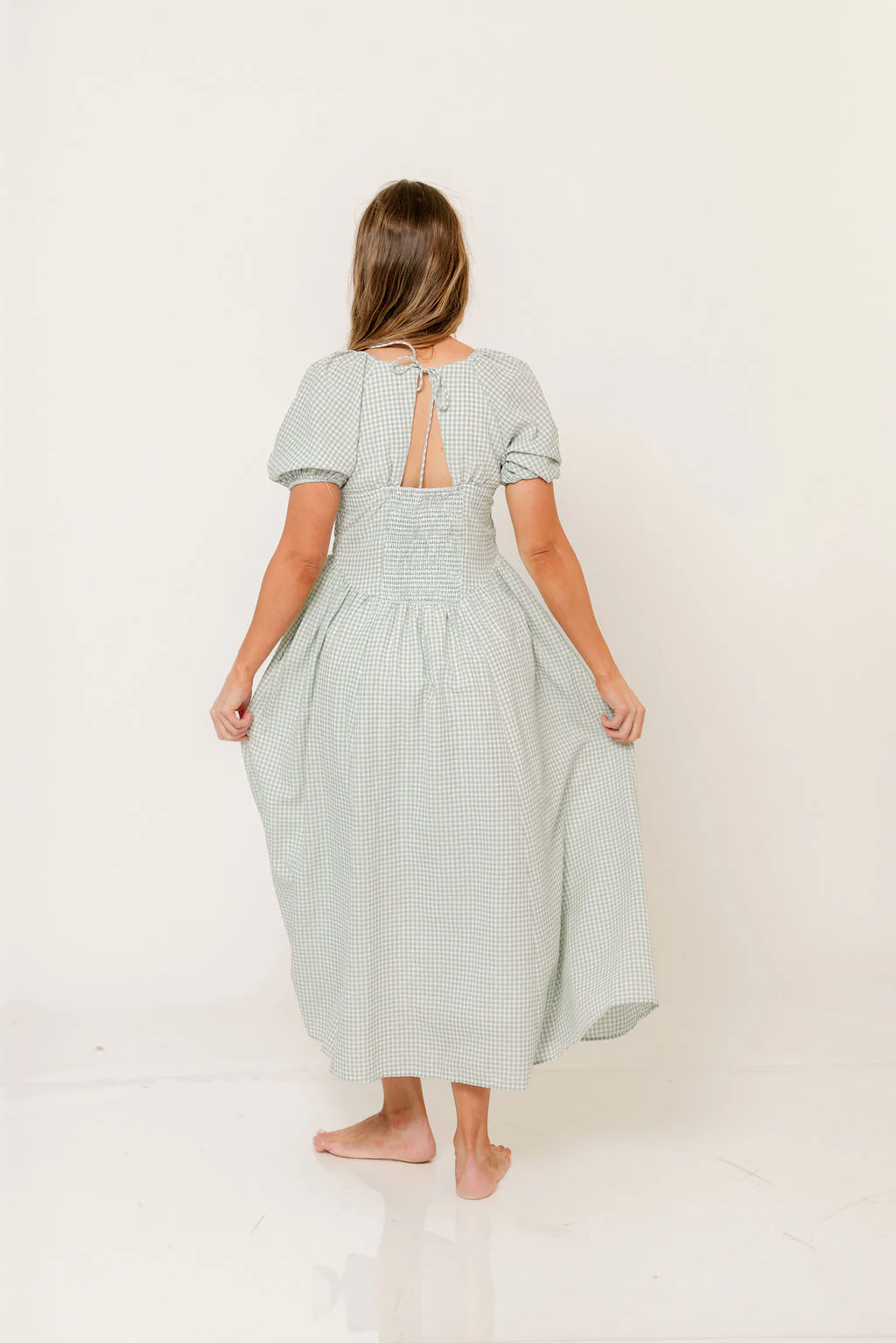 Briana Gingham Basque Puff Sleeve Maxi Dress in Lily Pad - Image 5