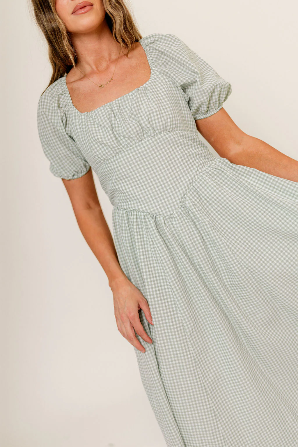 Briana Gingham Basque Puff Sleeve Maxi Dress in Lily Pad - Image 6