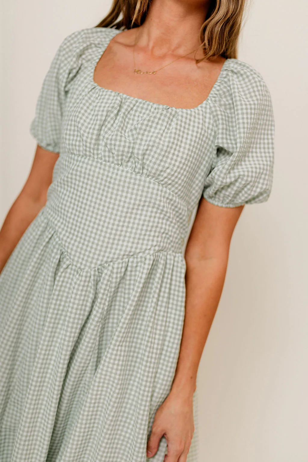 Briana Gingham Basque Puff Sleeve Maxi Dress in Lily Pad - Image 7