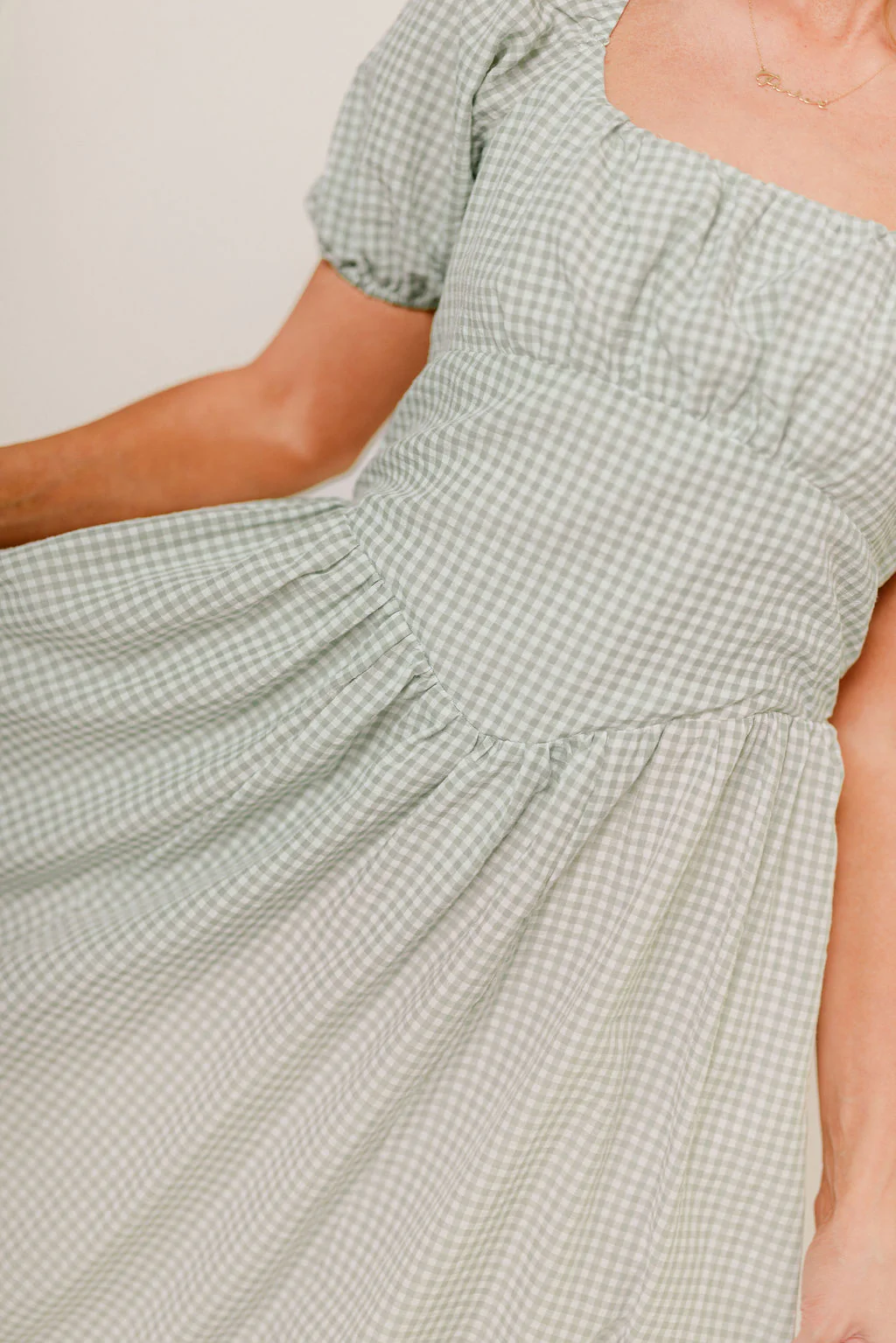 Briana Gingham Basque Puff Sleeve Maxi Dress in Lily Pad - Image 8