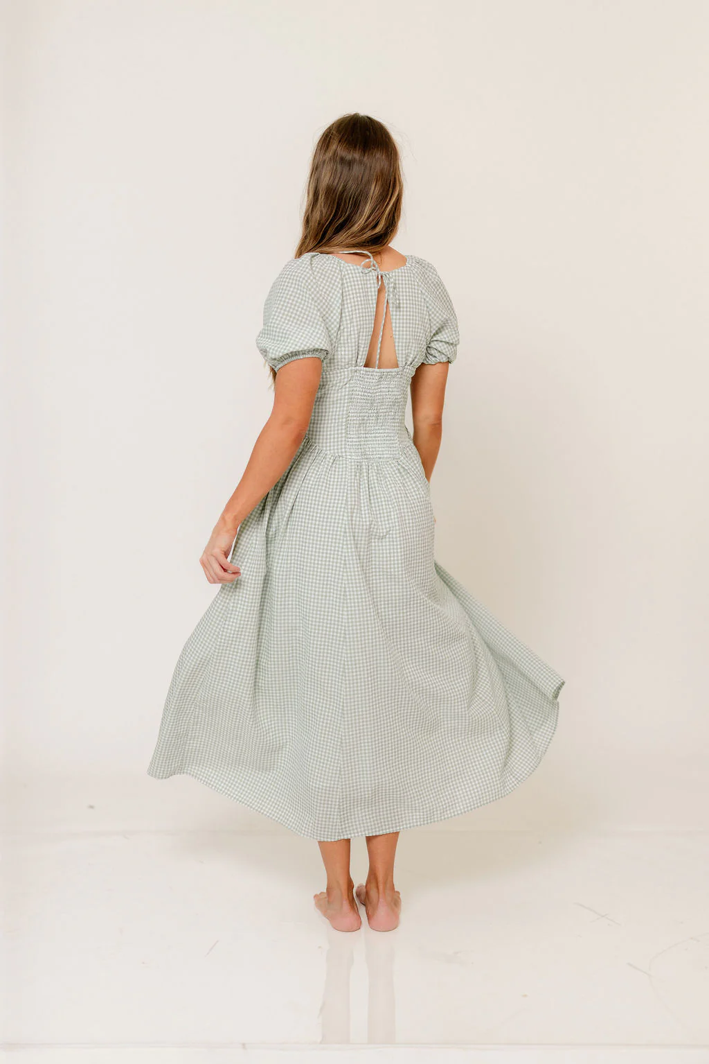 Briana Gingham Basque Puff Sleeve Maxi Dress in Lily Pad - Image 9