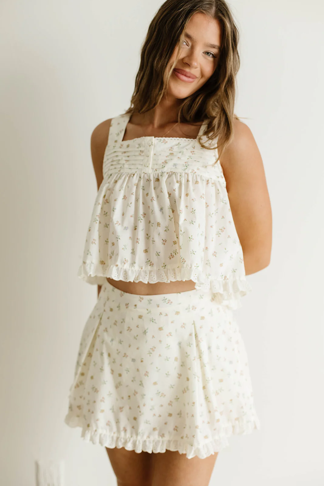 Brielle 100% Cotton Floral Ruffle Lace Trim Top and Skort Set in Cream