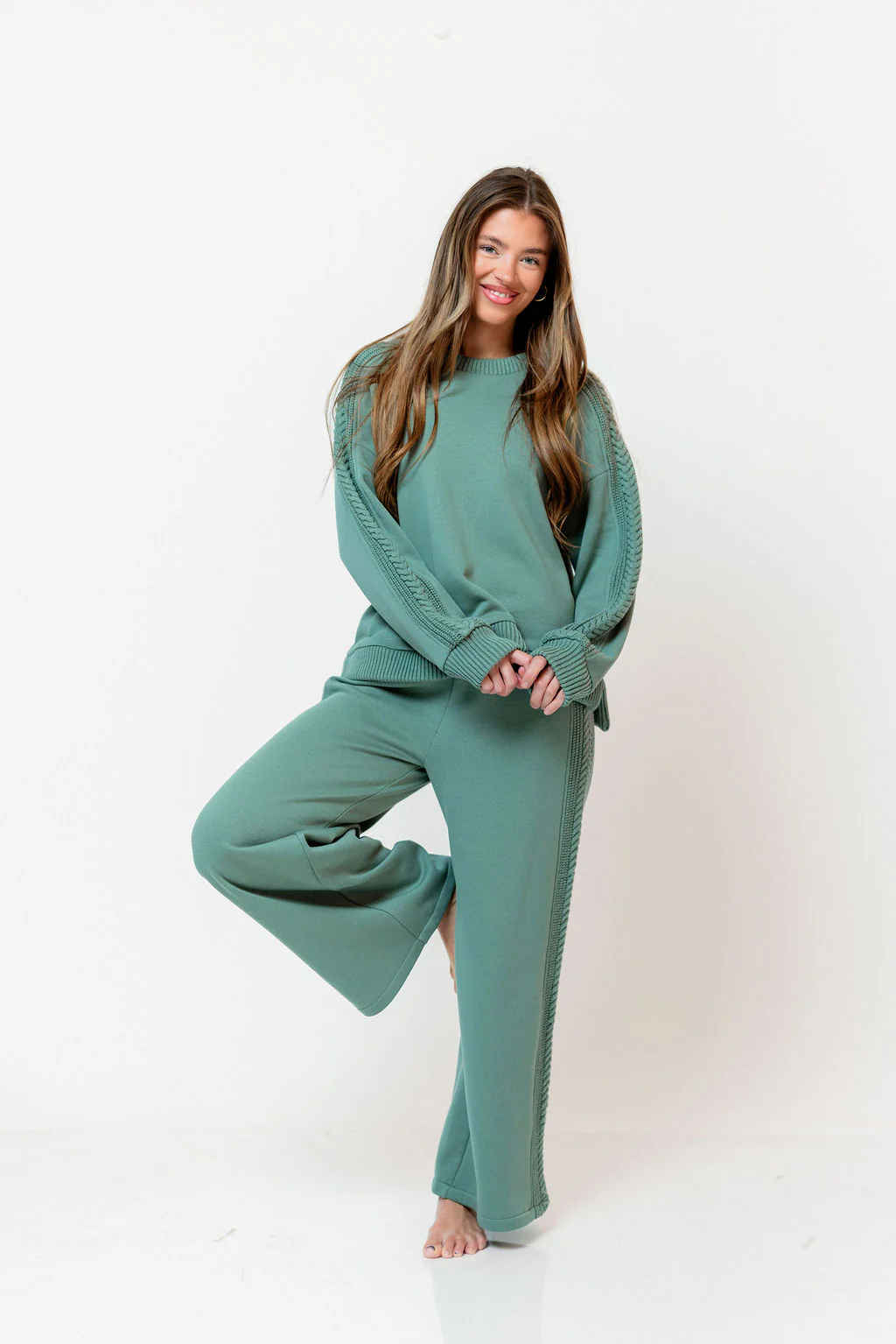 Shelby Cable Knit Trim Oversized Lounge Set in Sage