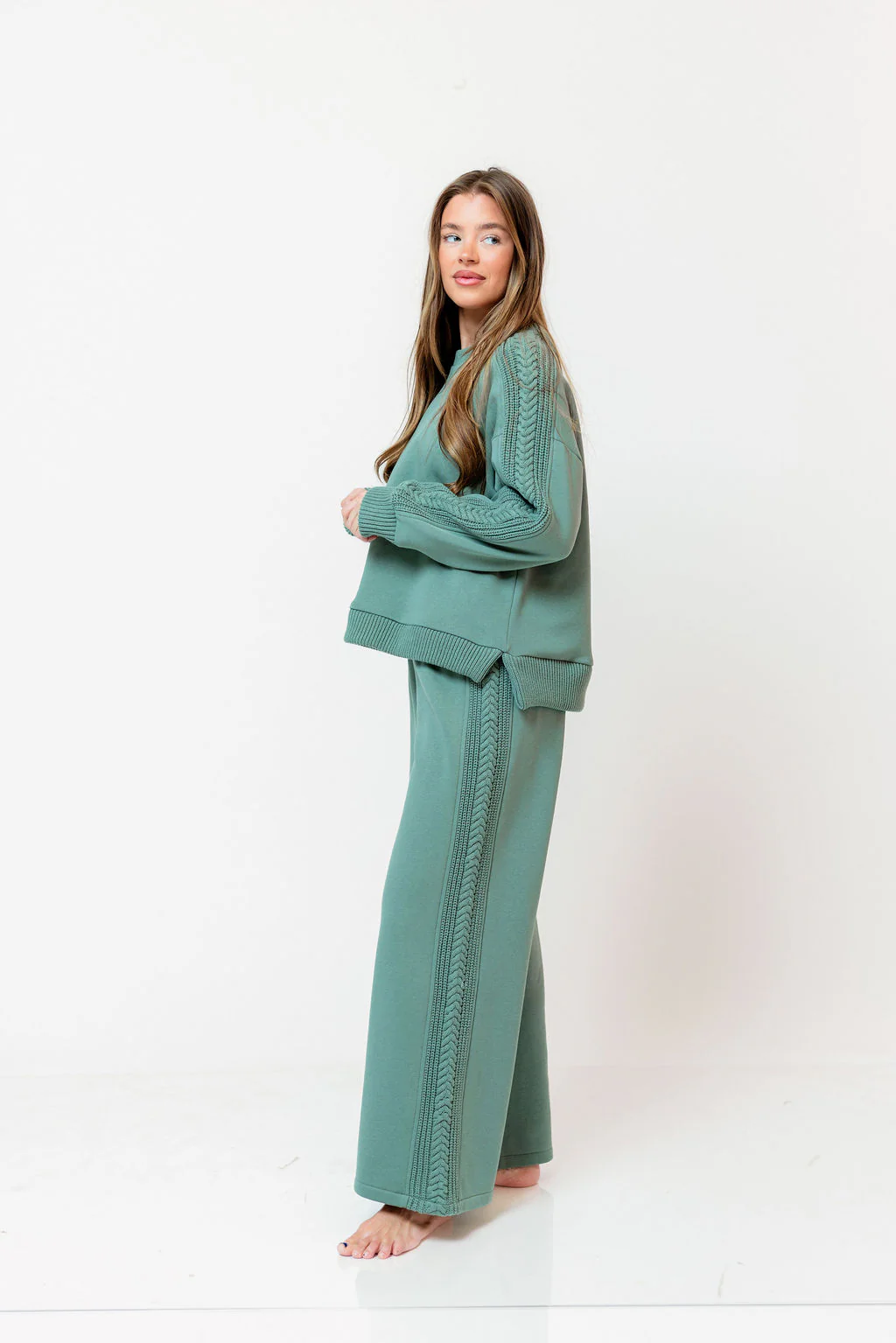 Shelby Cable Knit Trim Oversized Lounge Set in Sage - Image 4