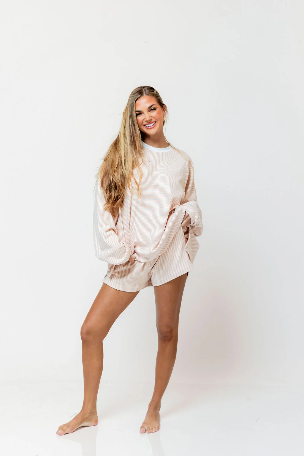 Campbell Striped Fleece Shorts in Blush - Image 11