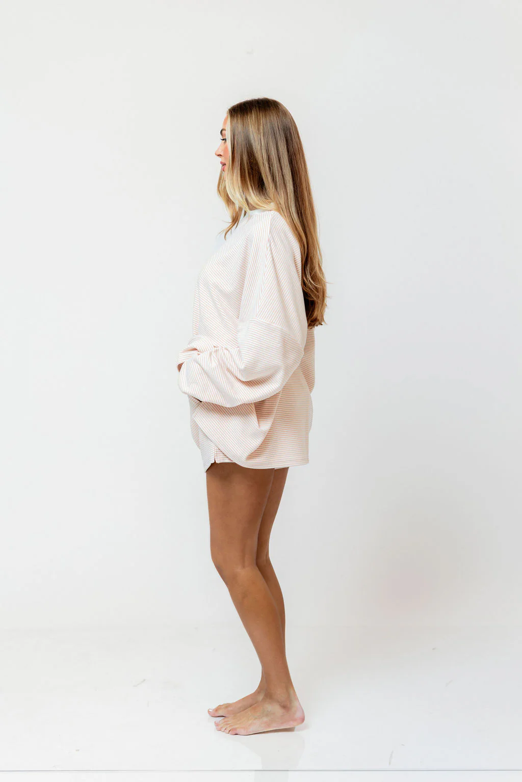 Campbell Striped Fleece Shorts in Blush - Image 13