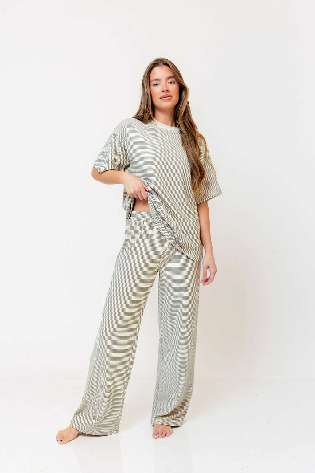 Campbell Striped Fleece Lounge Pants in Cream/Green