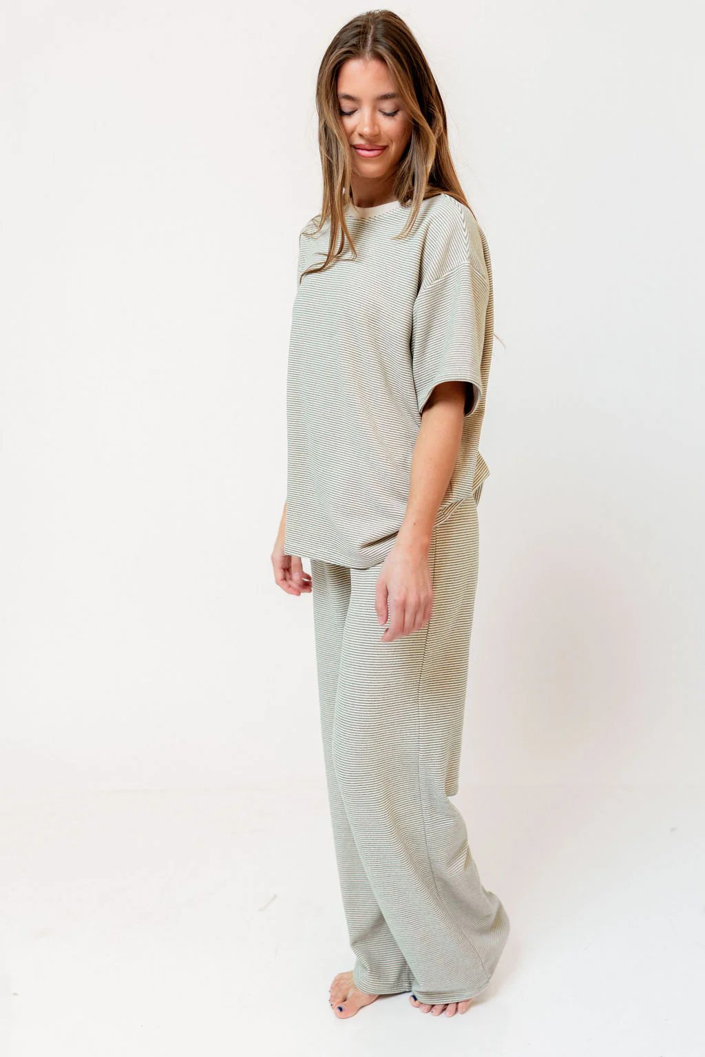 Campbell Striped Fleece Lounge Pants in Cream/Green - Image 3