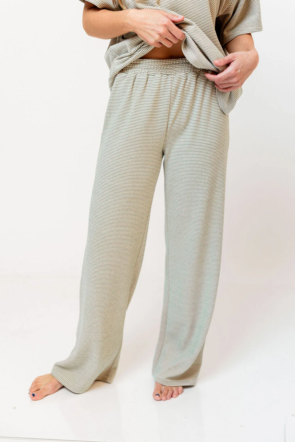 Campbell Striped Fleece Lounge Pants in Cream/Green - Image 6