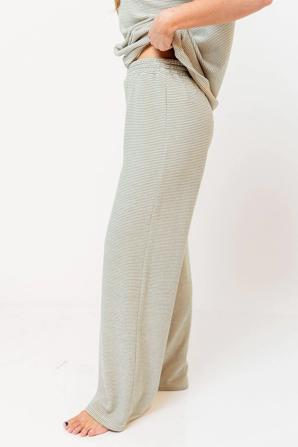 Campbell Striped Fleece Lounge Pants in Cream/Green - Image 7