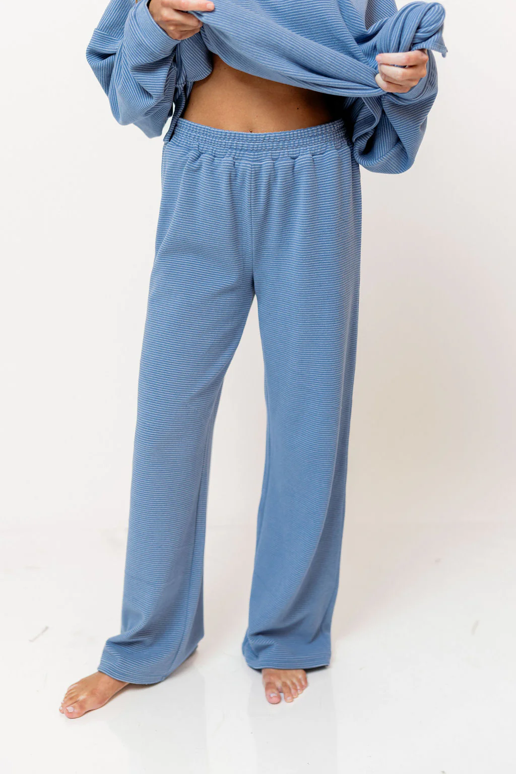 Campbell Striped Fleece Lounge Pants in Sky Blue