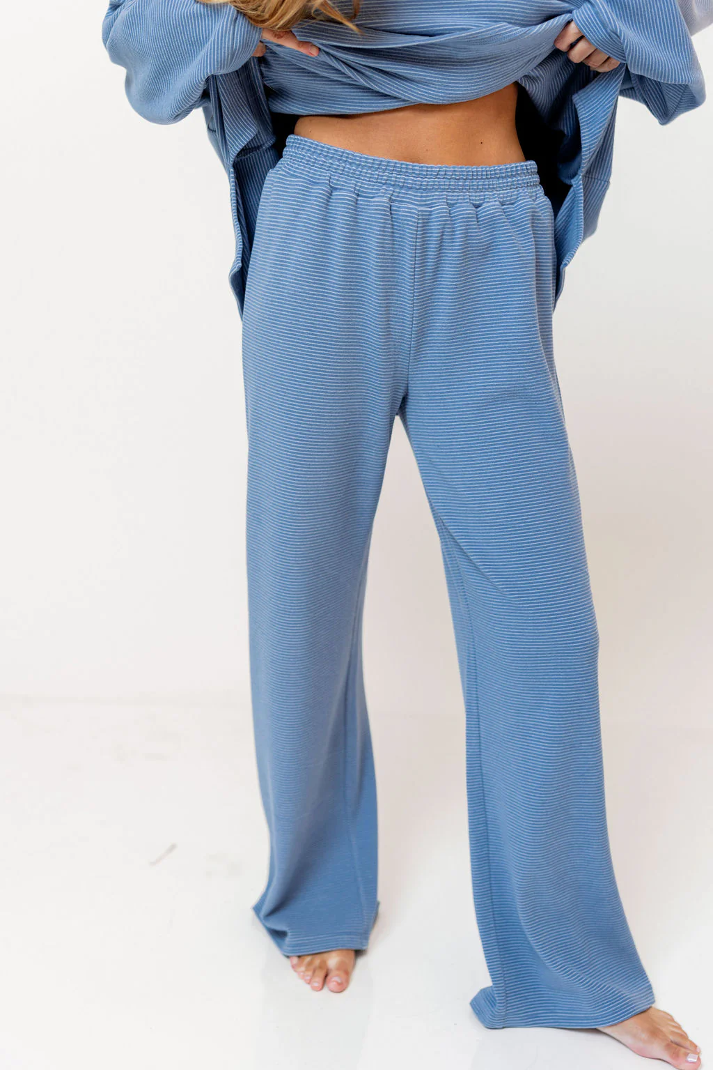 Campbell Striped Fleece Lounge Pants in Sky Blue - Image 2