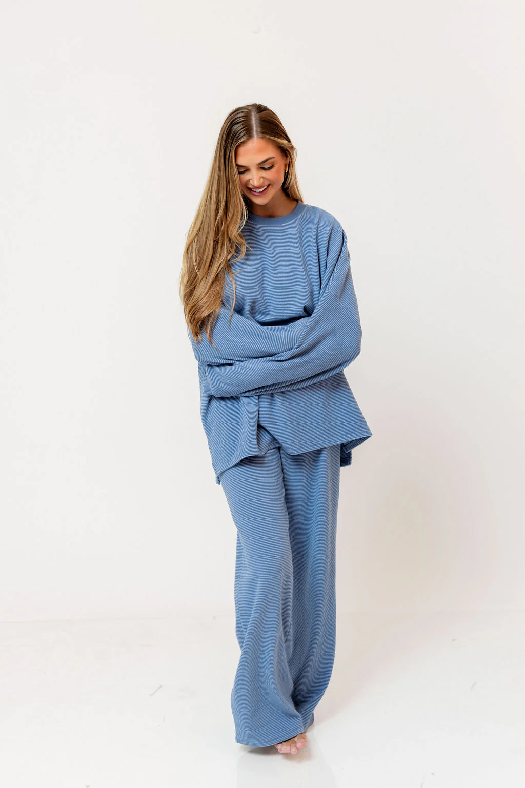 Campbell Striped Fleece Lounge Pants in Sky Blue - Image 7