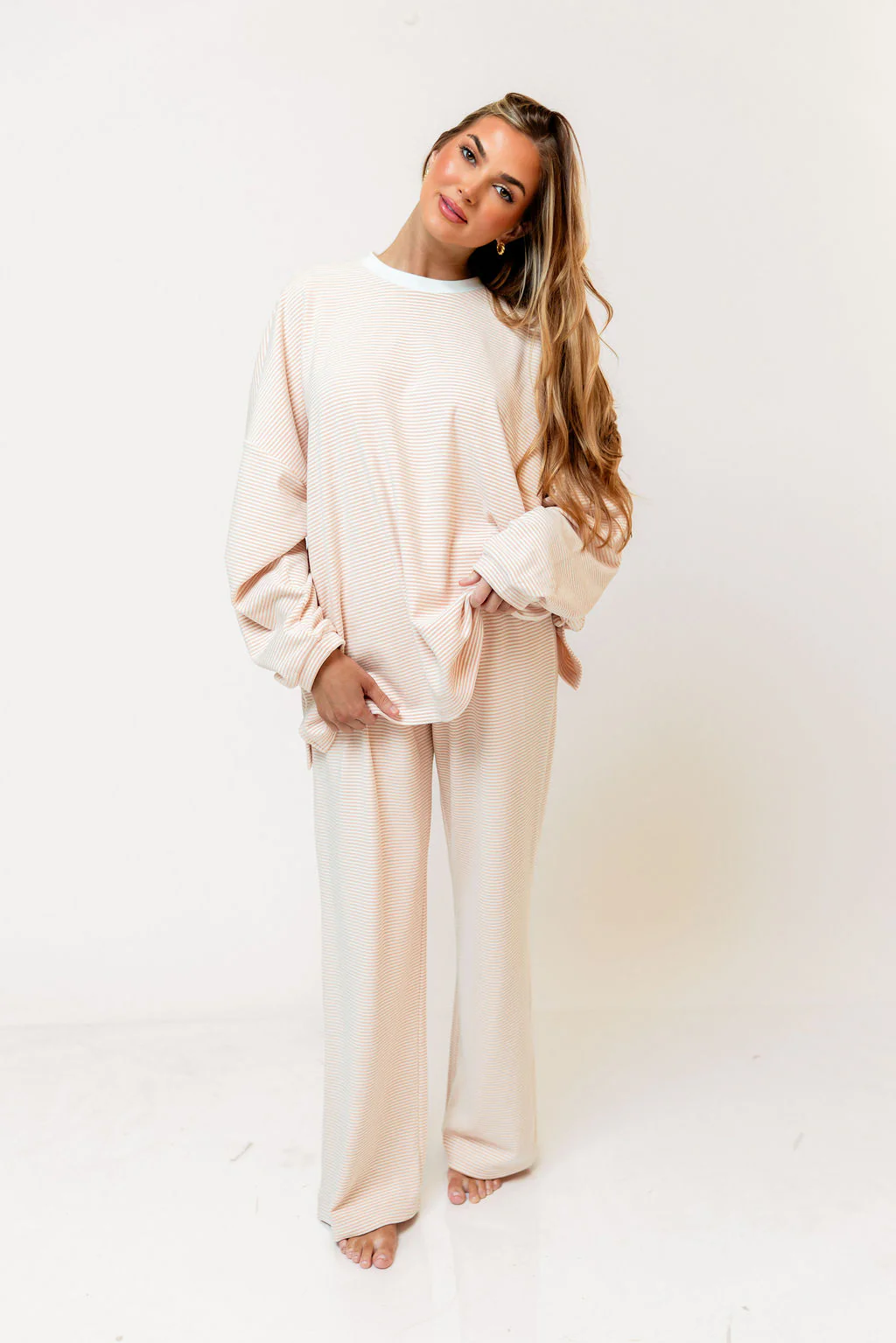 Campbell Striped Fleece Lounge Pants in Blush - Image 3