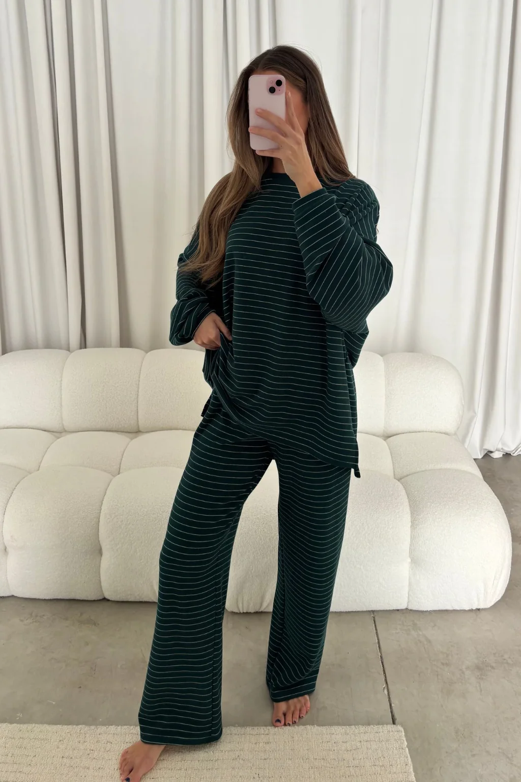 Campbell Striped Fleece Lounge Pants in Green