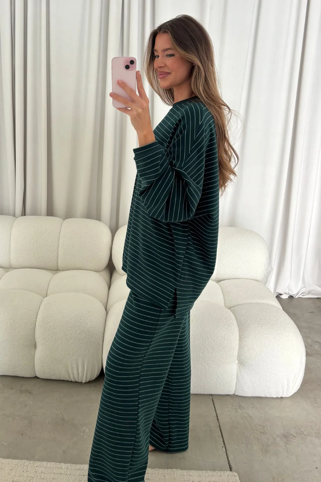 Campbell Striped Fleece Lounge Pants in Green - Image 3