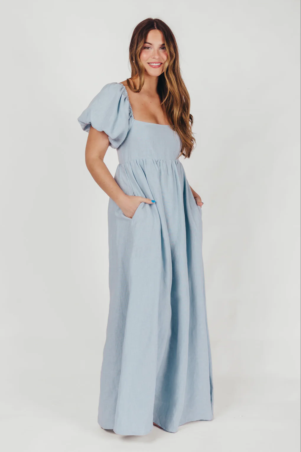 Candace Linen Maxi Dress in Light Blue - Bump Friendly - Image 14