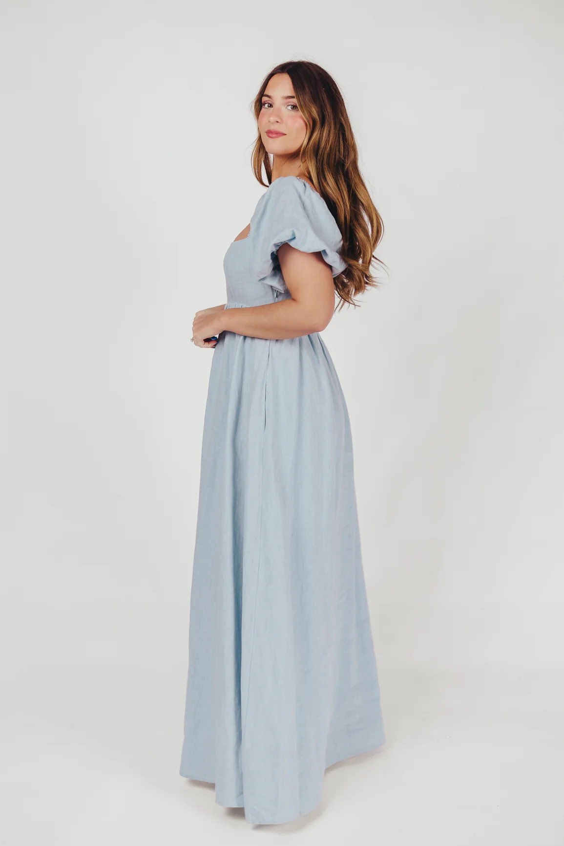 Candace Linen Maxi Dress in Light Blue - Bump Friendly - Image 15