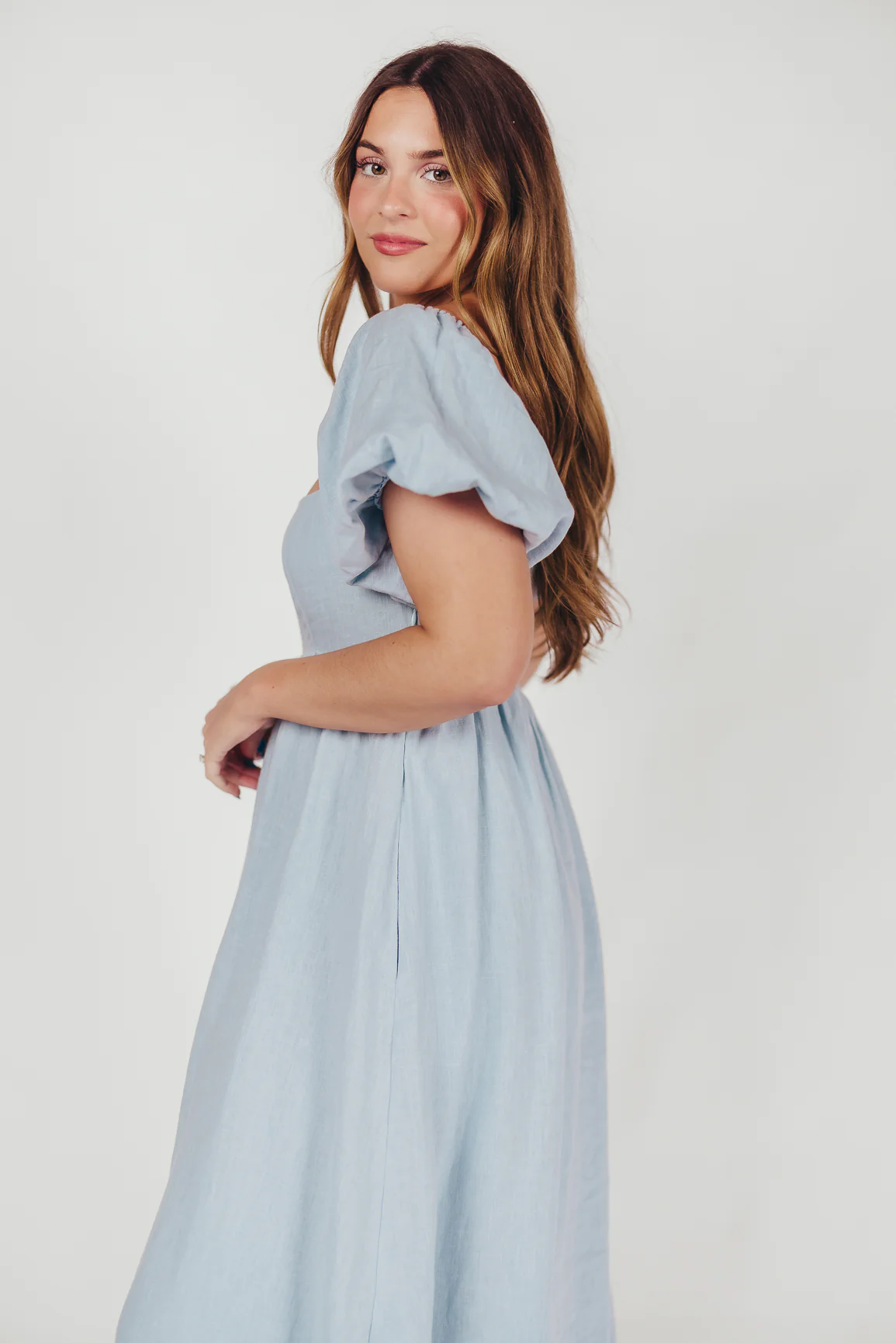 Candace Linen Maxi Dress in Light Blue - Bump Friendly - Image 16