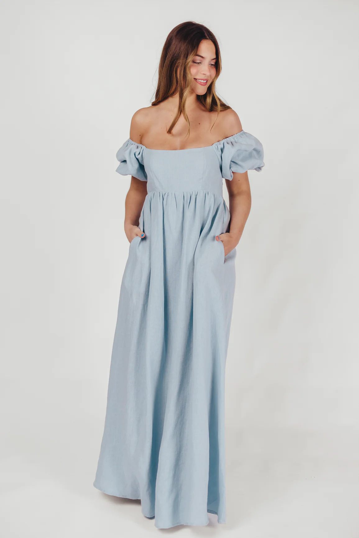 Candace Linen Maxi Dress in Light Blue - Bump Friendly - Image 20