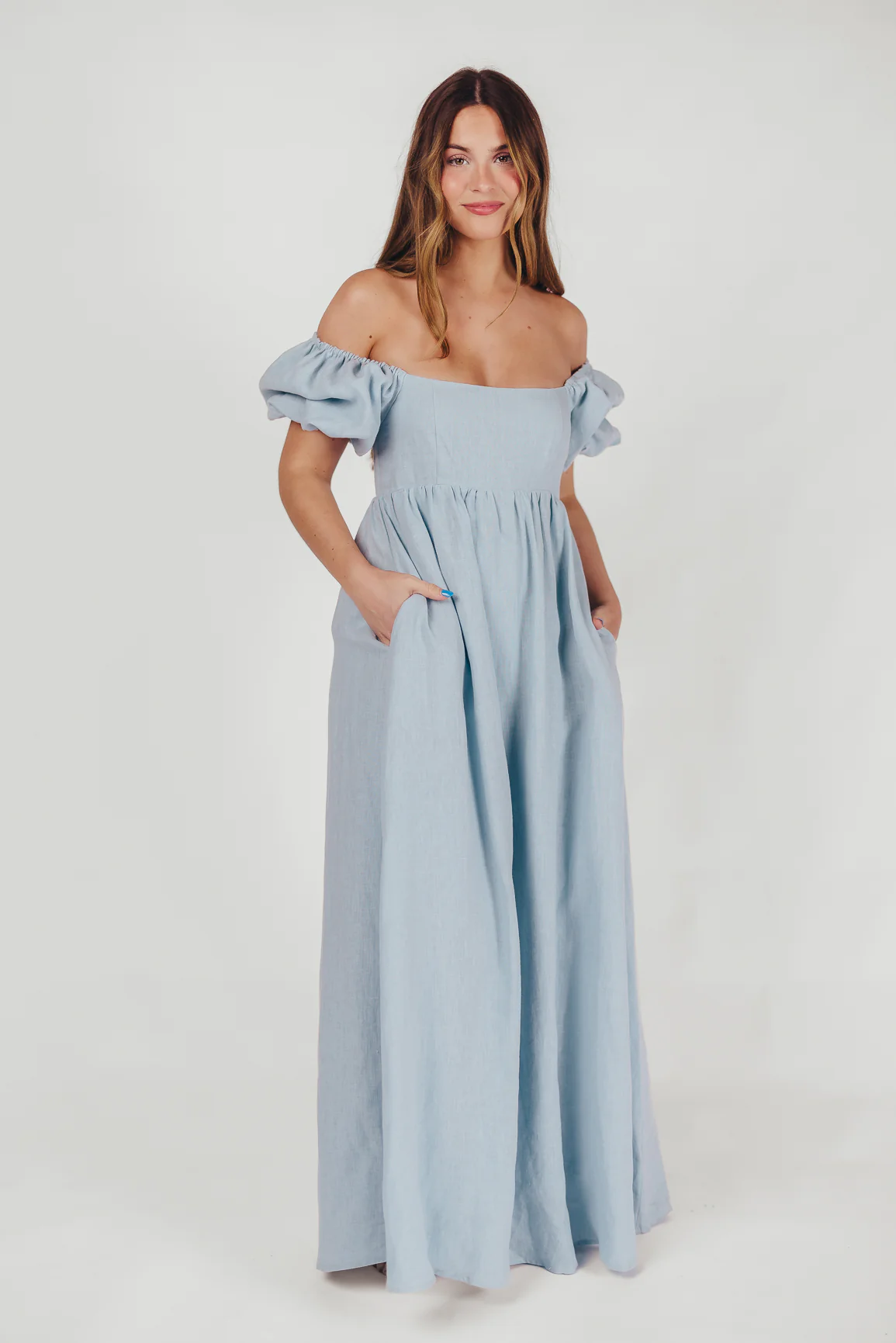 Candace Linen Maxi Dress in Light Blue - Bump Friendly - Image 21