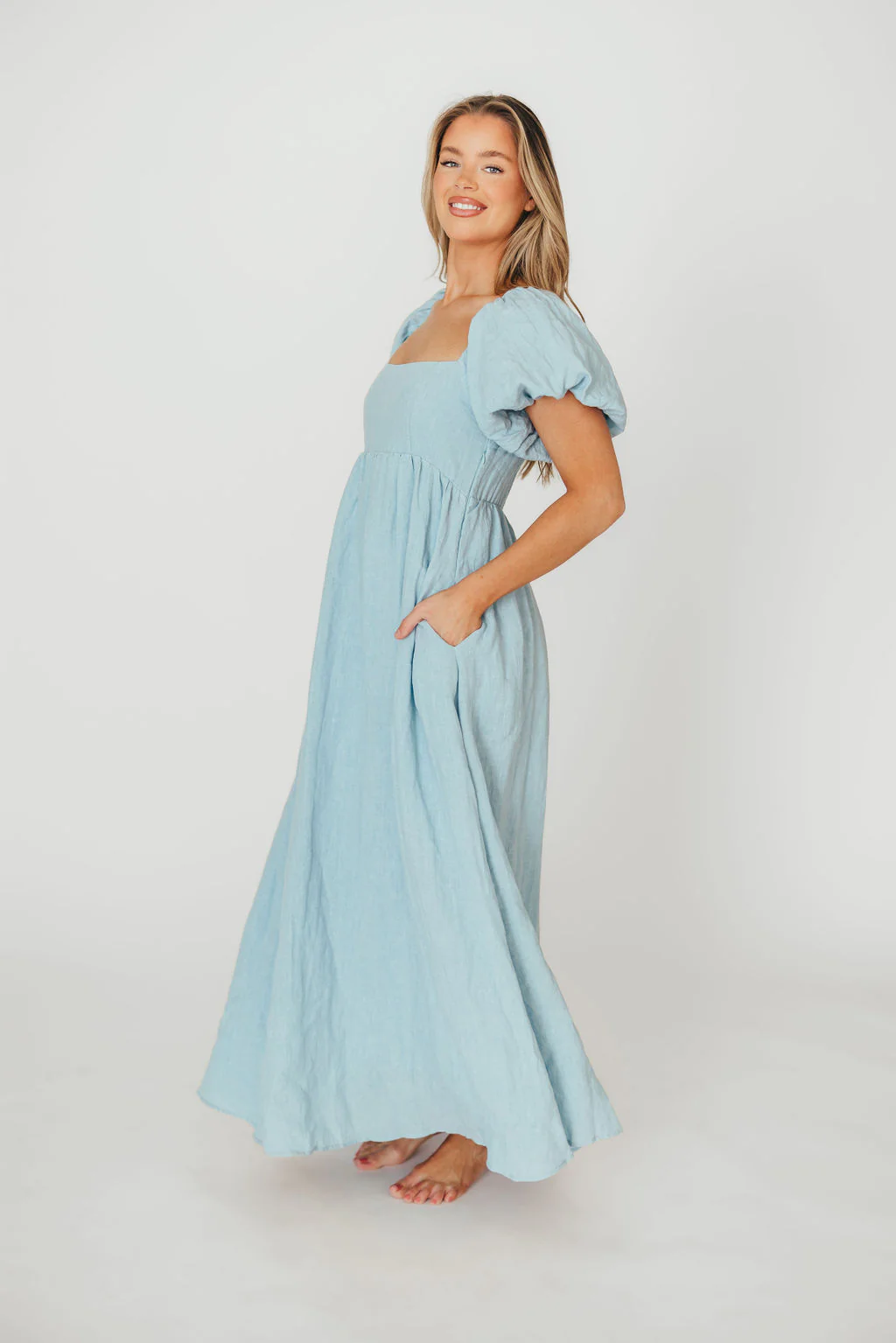 Candace Linen Maxi Dress in Light Blue - Bump Friendly - Image 28