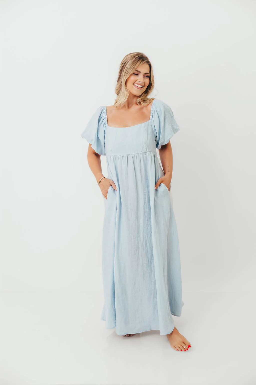 Candace Linen Maxi Dress in Light Blue - Bump Friendly - Image 46