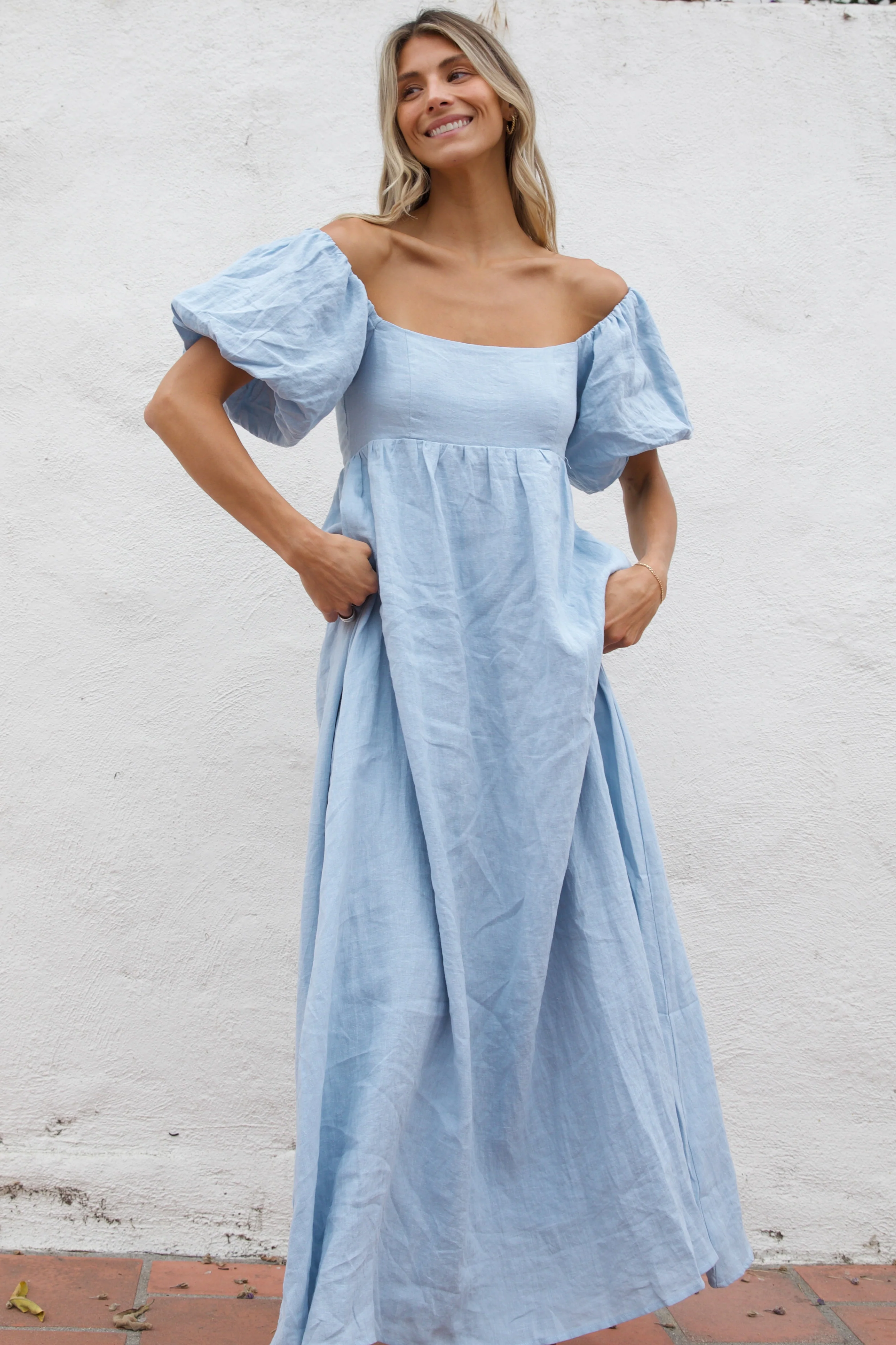 Candace Linen Maxi Dress in Light Blue - Bump Friendly - Image 5