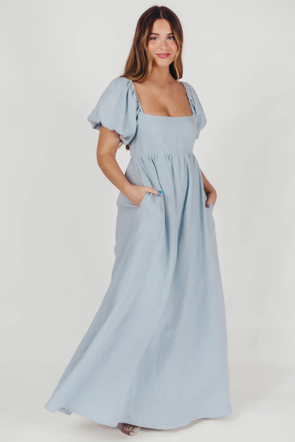 Candace Linen Maxi Dress in Light Blue - Bump Friendly - Image 6