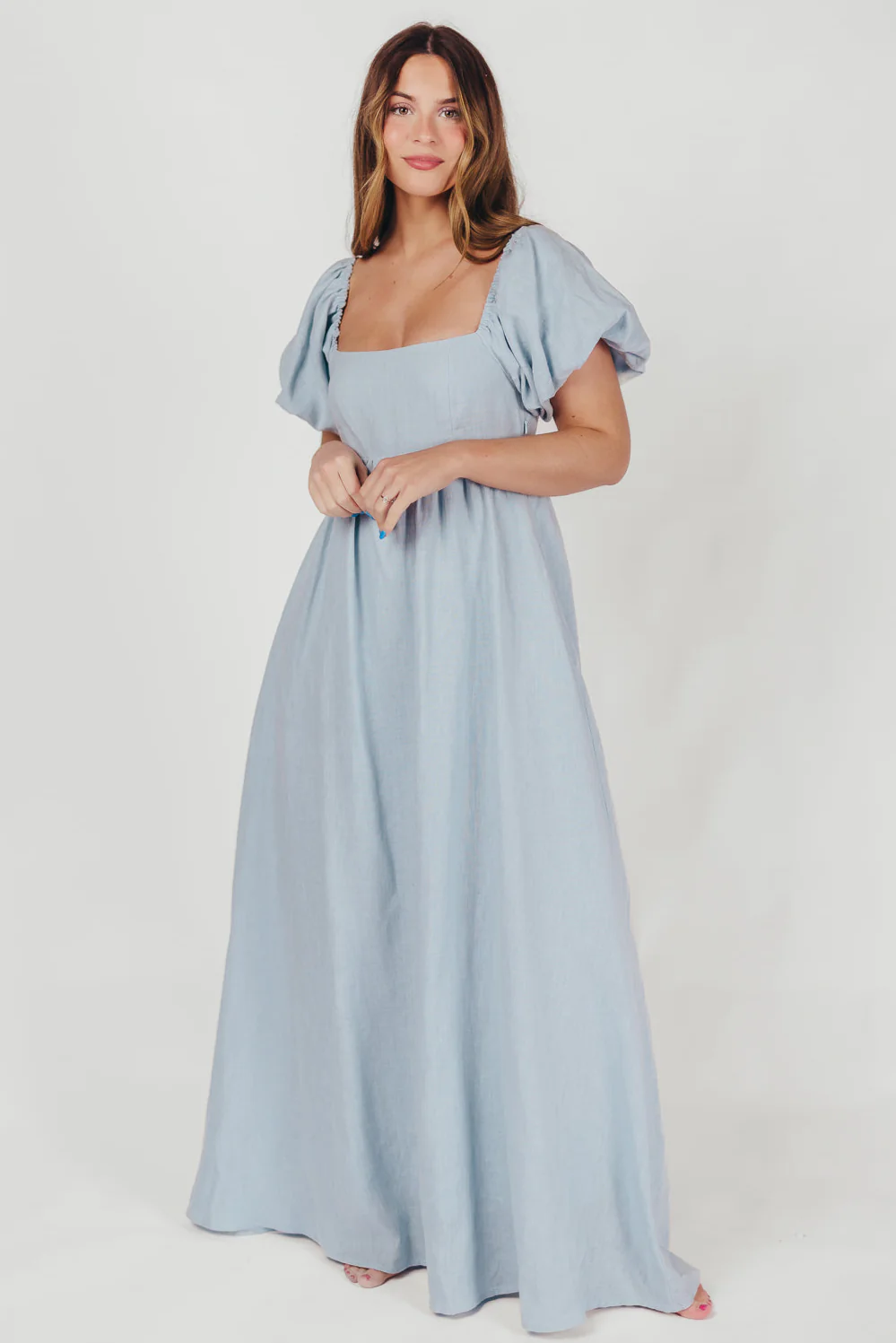 Candace Linen Maxi Dress in Light Blue - Bump Friendly - Image 8