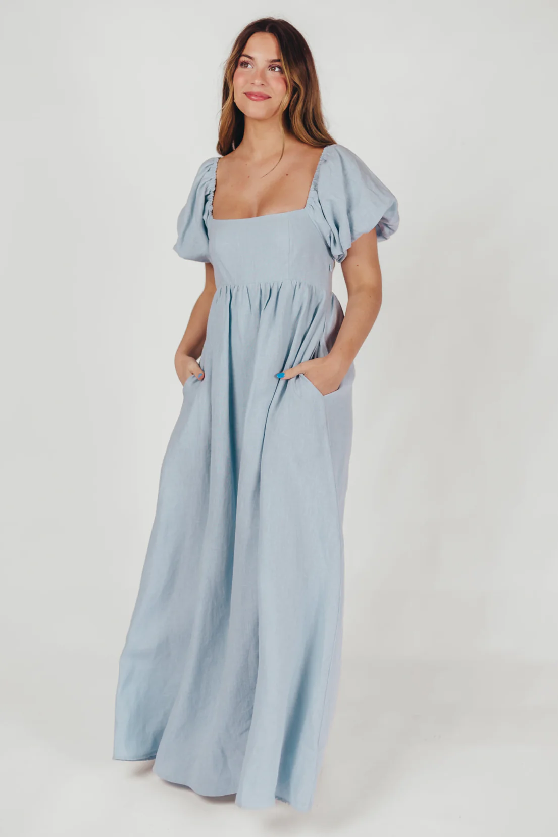 Candace Linen Maxi Dress in Light Blue - Bump Friendly - Image 9
