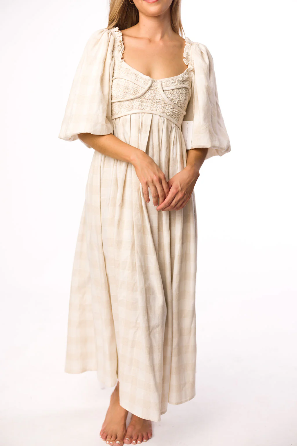 Harlow Maxi Dress in Natural Plaid - Bump Friendly - Image 10