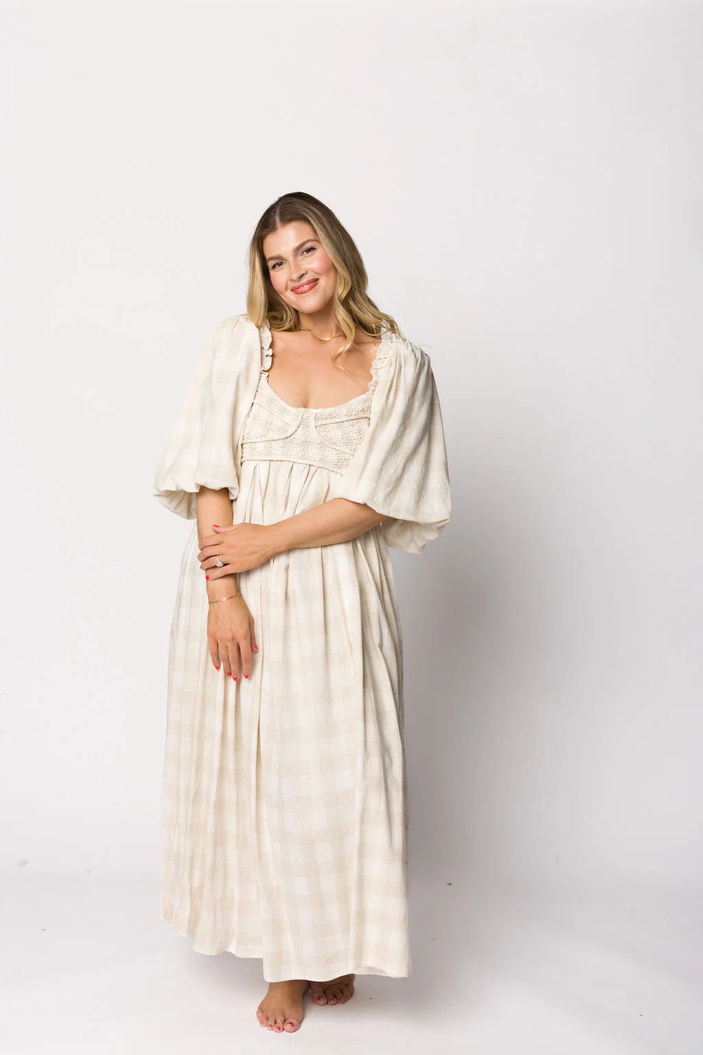 Harlow Maxi Dress in Natural Plaid - Bump Friendly - Image 11