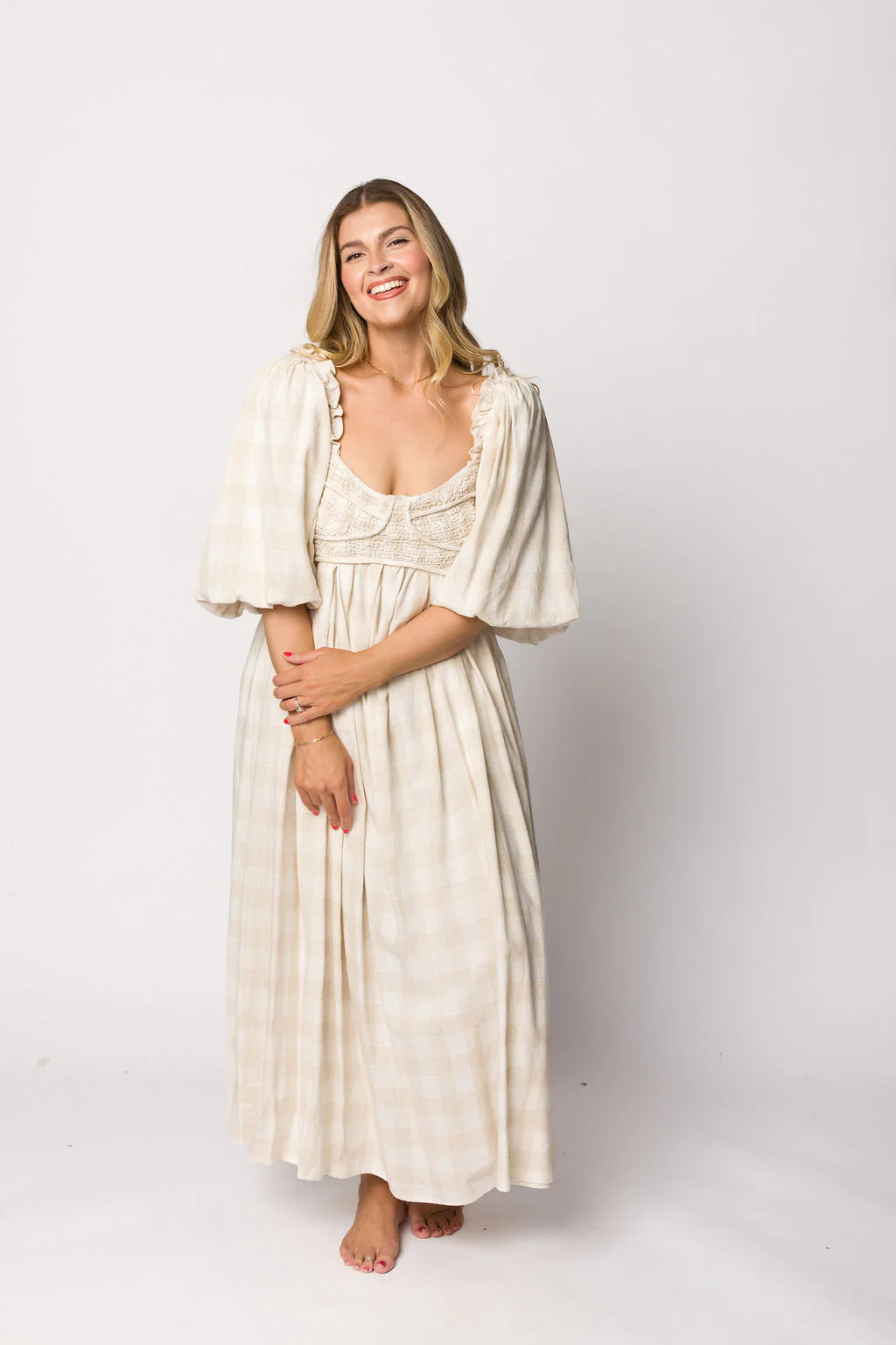 Harlow Maxi Dress in Natural Plaid - Bump Friendly - Image 12