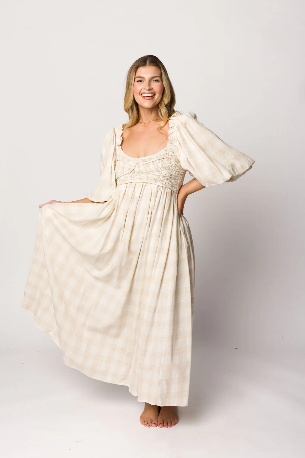 Harlow Maxi Dress in Natural Plaid - Bump Friendly - Image 15