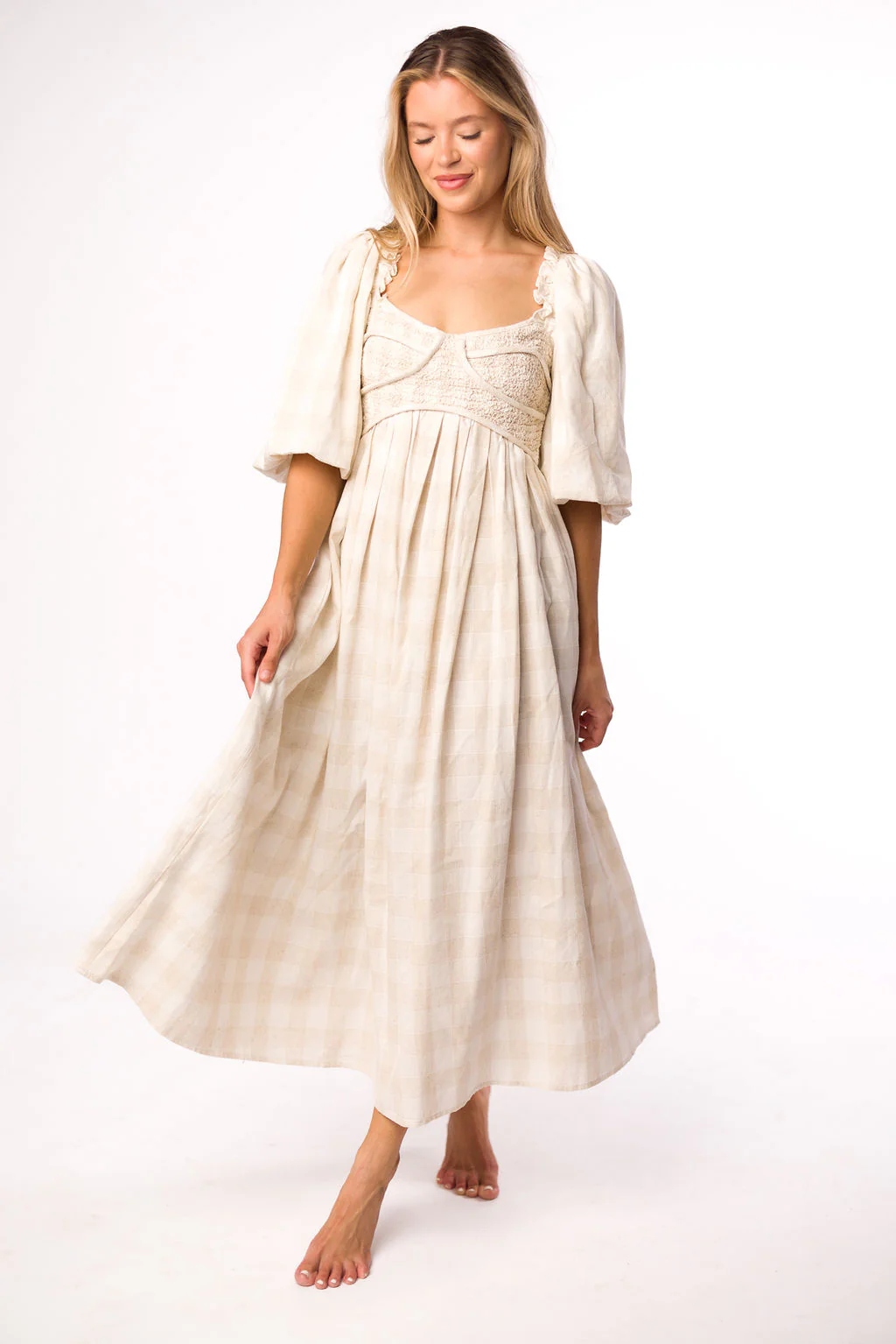 Harlow Maxi Dress in Natural Plaid - Bump Friendly - Image 3