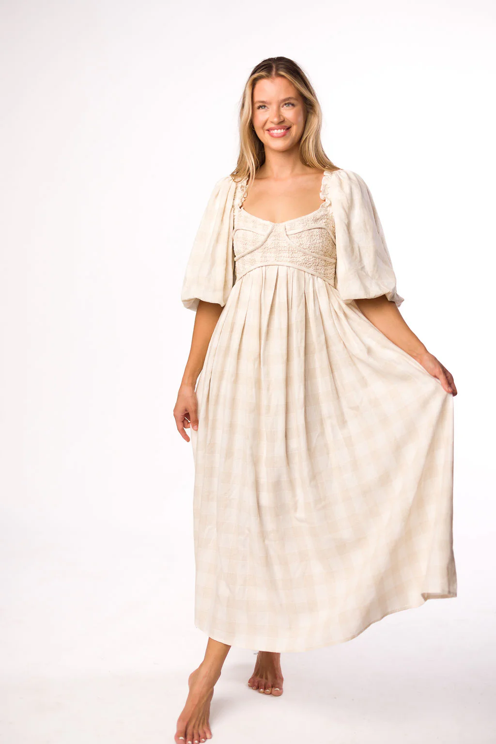 Harlow Maxi Dress in Natural Plaid - Bump Friendly - Image 4