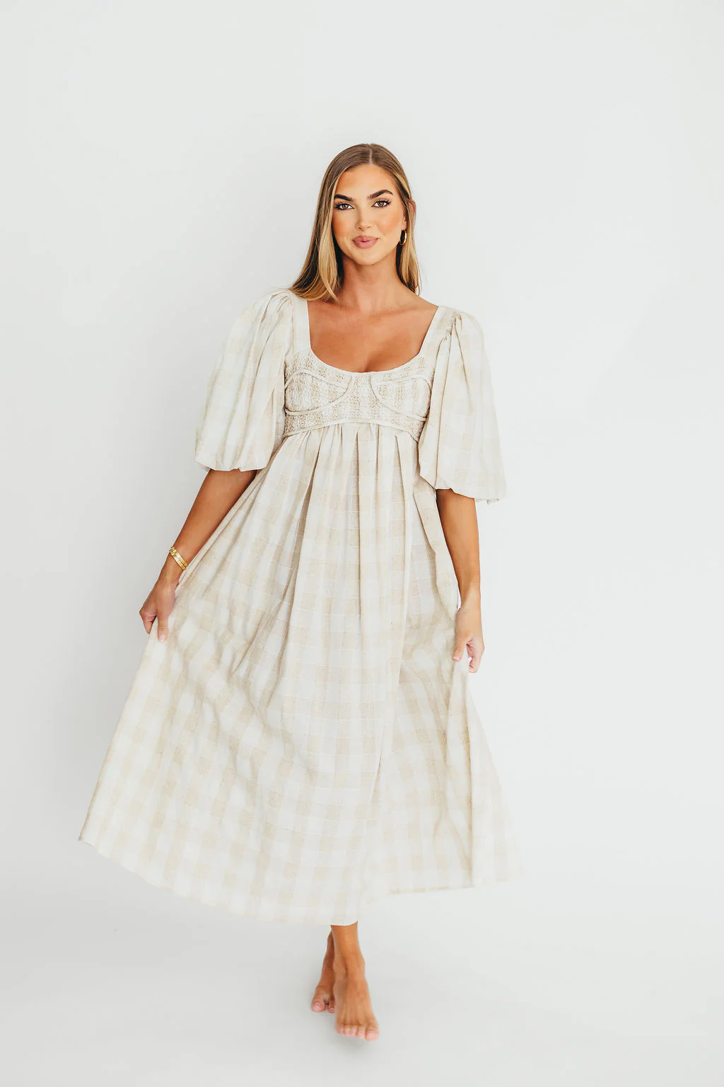 Harlow Maxi Dress in Natural Plaid - Bump Friendly - Image 5