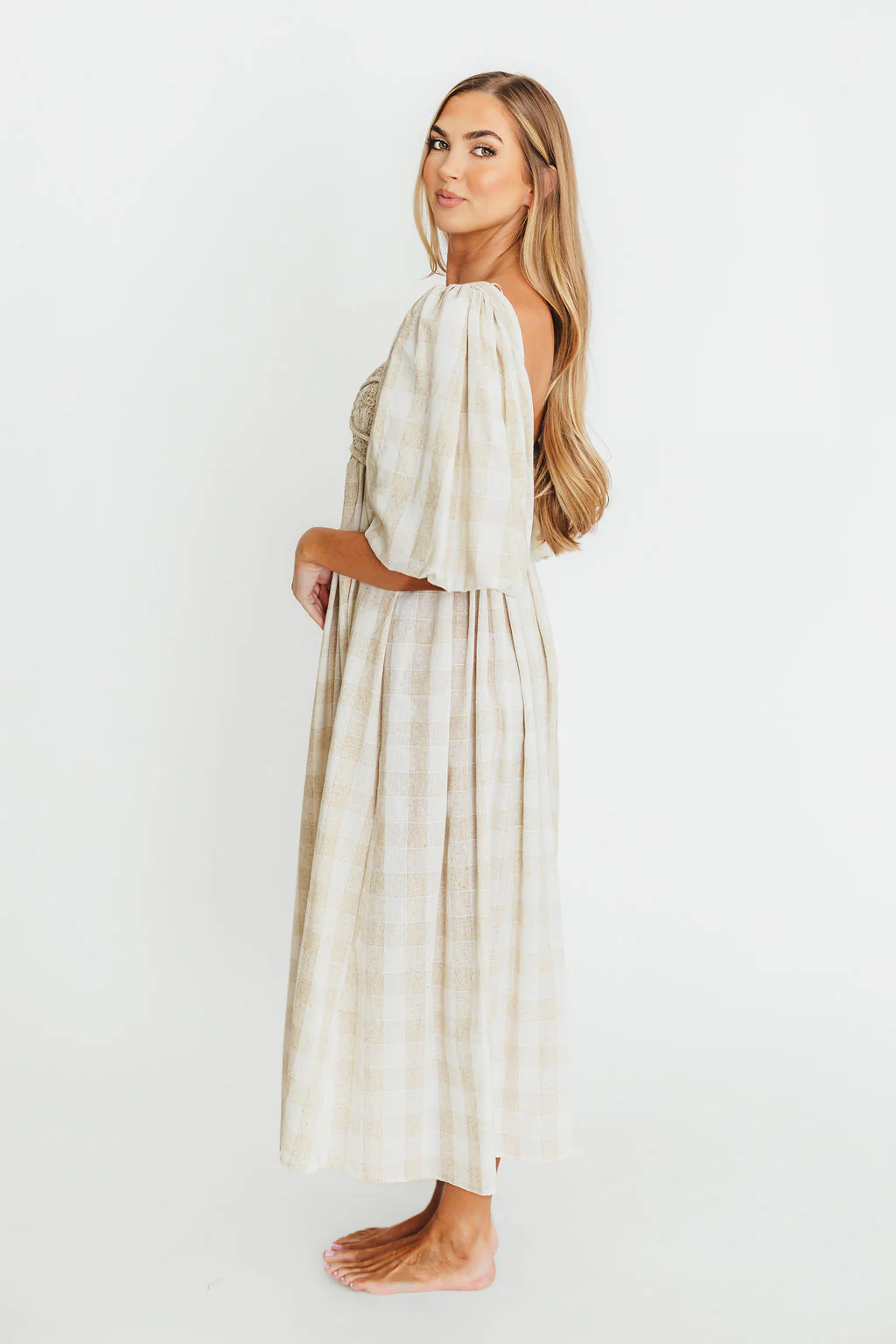 Harlow Maxi Dress in Natural Plaid - Bump Friendly - Image 6