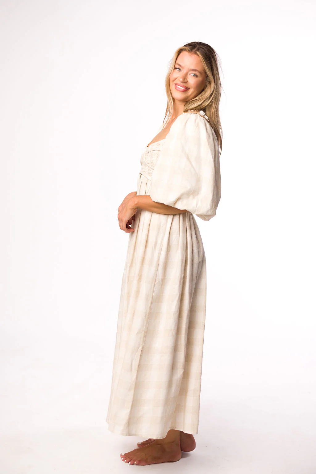 Harlow Maxi Dress in Natural Plaid - Bump Friendly - Image 7