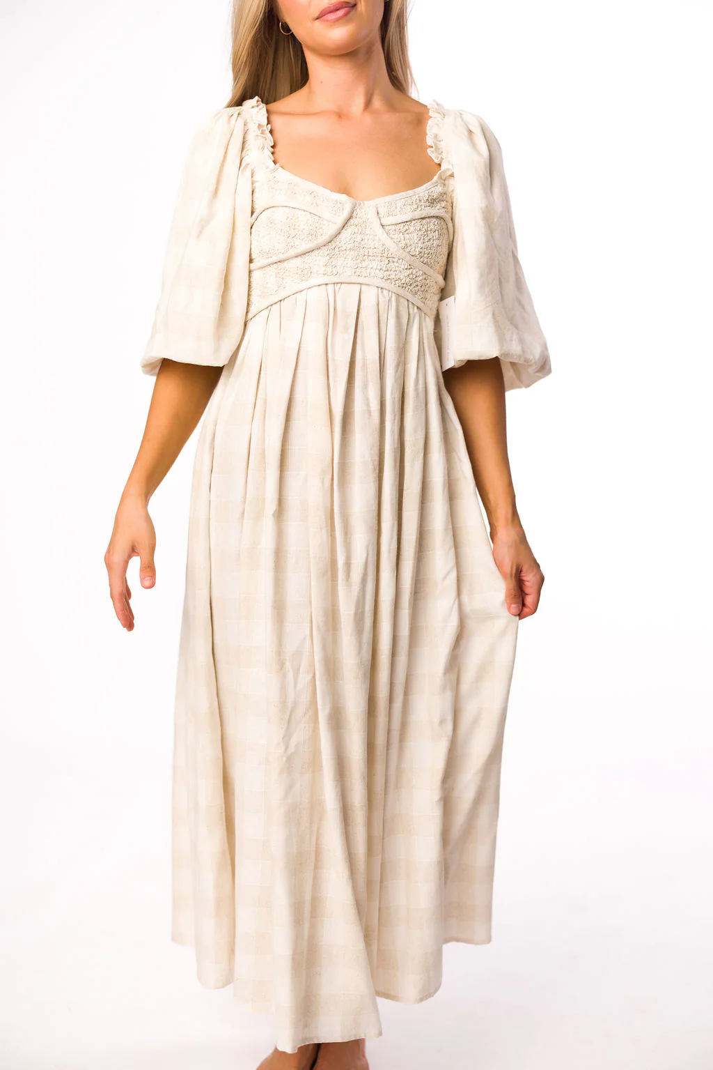 Harlow Maxi Dress in Natural Plaid - Bump Friendly - Image 9