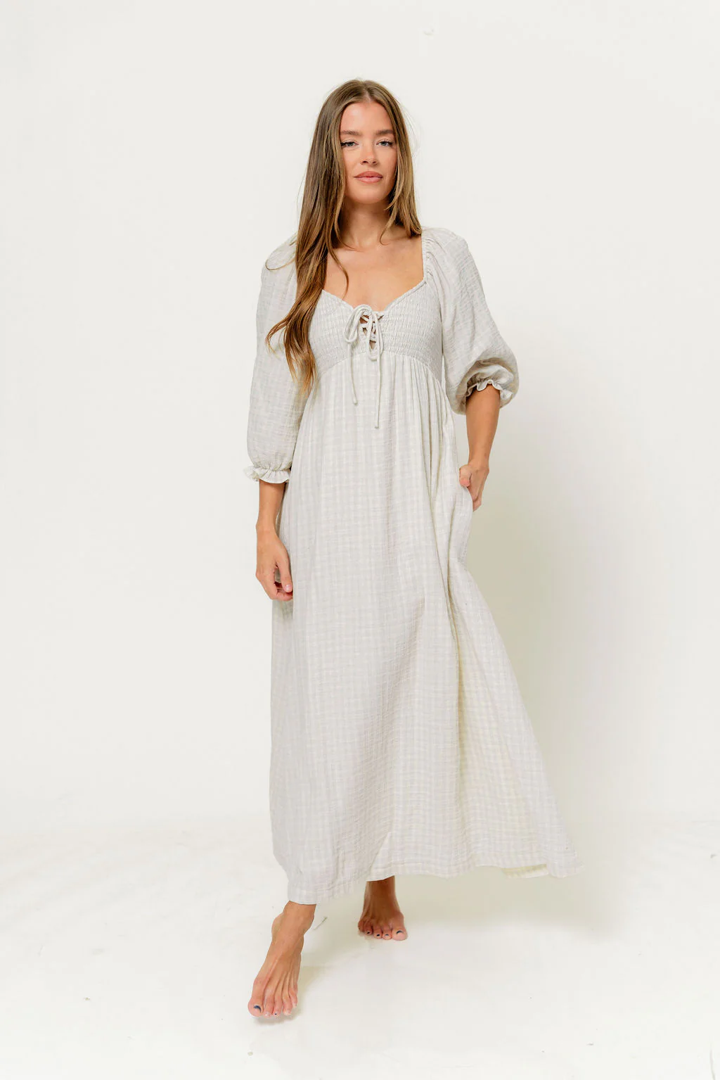 Cecilia 100% Cotton Smocked Maxi Dress in Baby Blue Plaid (Lined) - Bump Friendly - Image 2