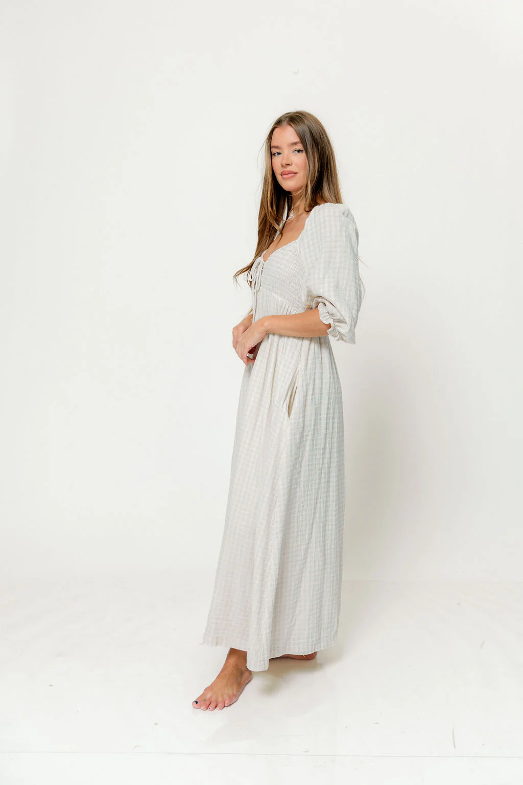 Cecilia 100% Cotton Smocked Maxi Dress in Baby Blue Plaid (Lined) - Bump Friendly - Image 4
