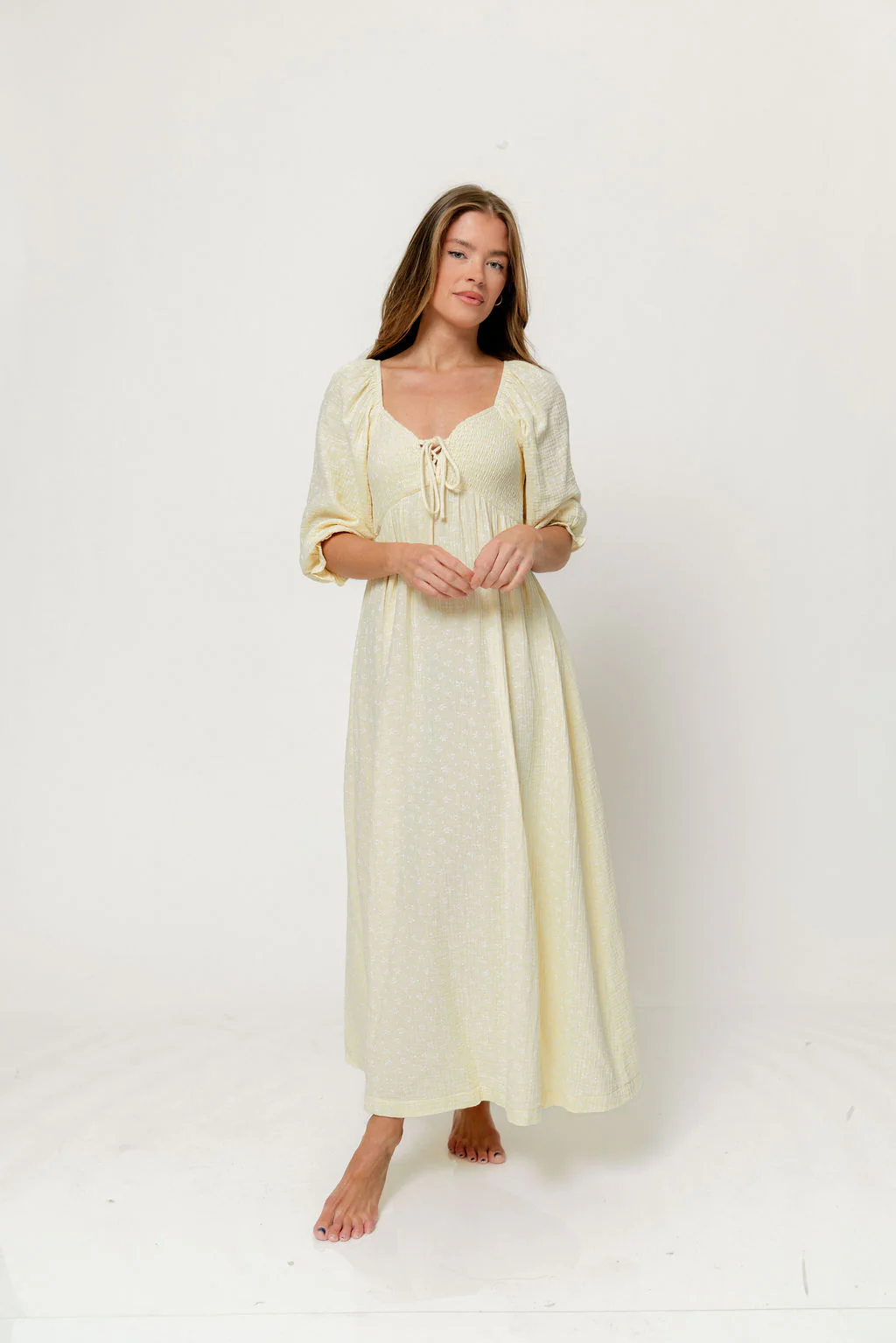 Cecilia 100% Cotton Smocked Maxi Dress in Custard Foliage - Bump Friendly