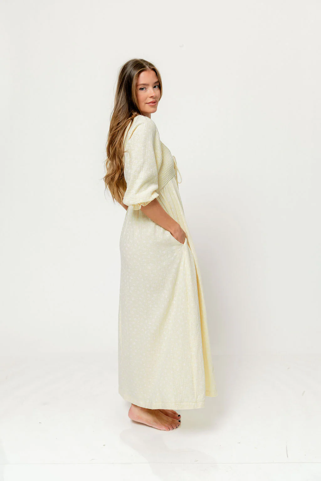 Cecilia 100% Cotton Smocked Maxi Dress in Custard Foliage - Bump Friendly - Image 3