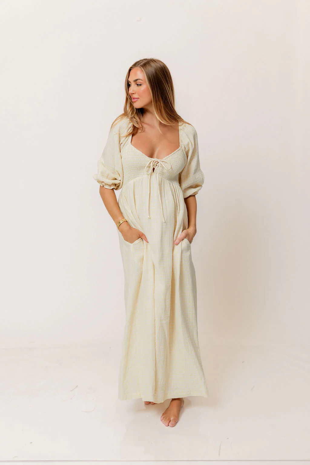 Cecilia 100% Cotton Smocked Maxi Dress in Custard Plaid (Lined) - Bump Friendly - Image 2