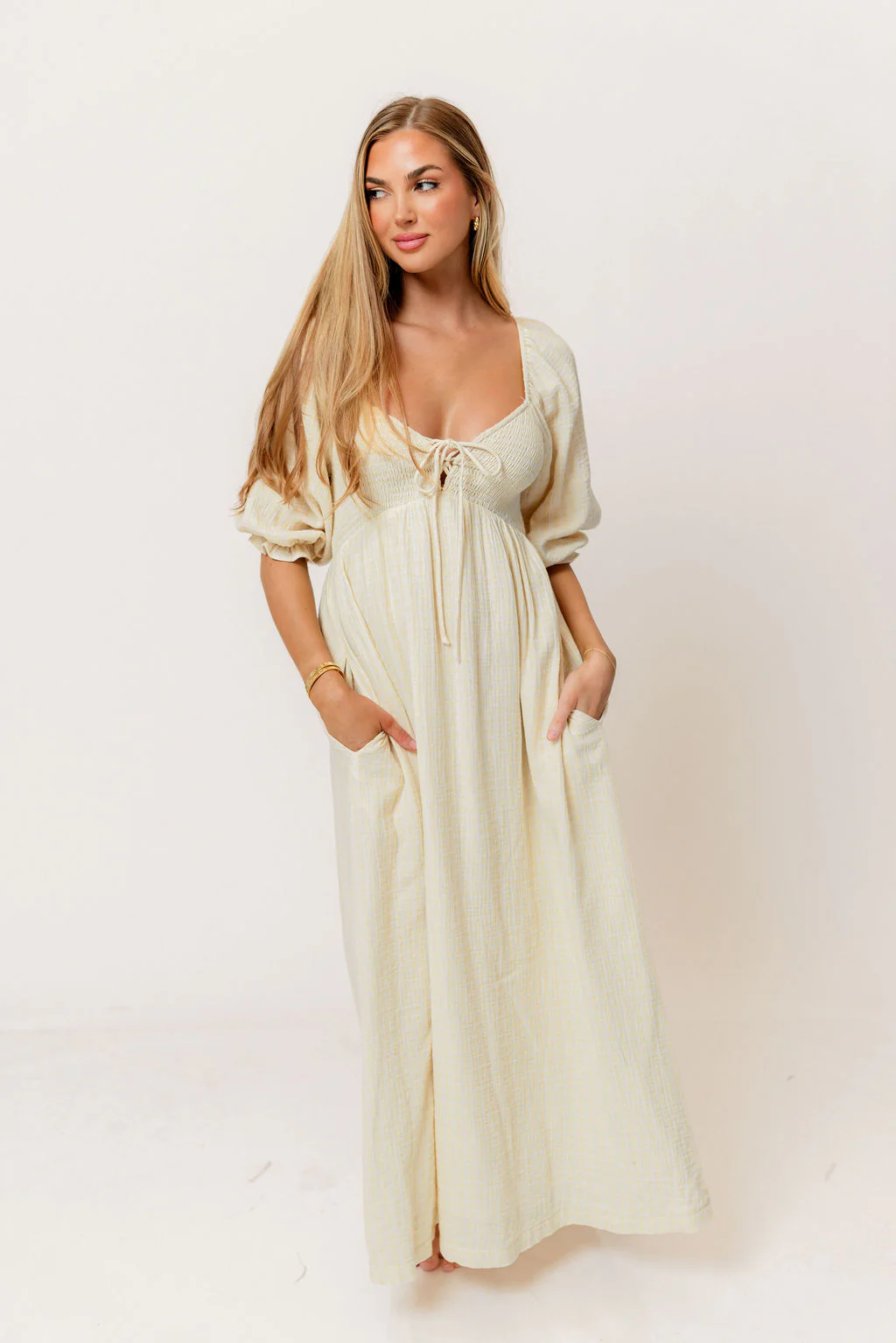 Cecilia 100% Cotton Smocked Maxi Dress in Custard Plaid (Lined) - Bump Friendly - Image 3