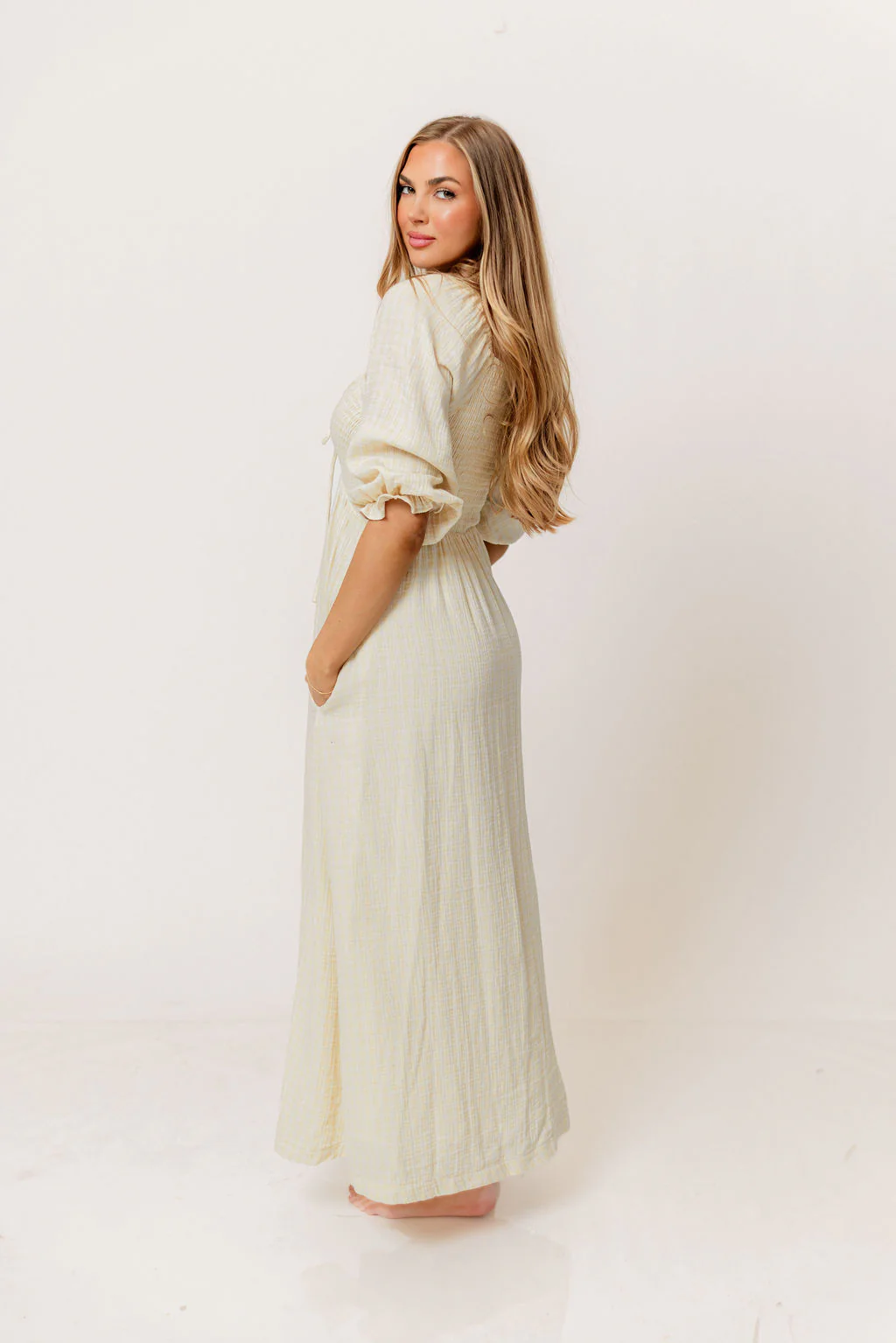 Cecilia 100% Cotton Smocked Maxi Dress in Custard Plaid (Lined) - Bump Friendly - Image 6