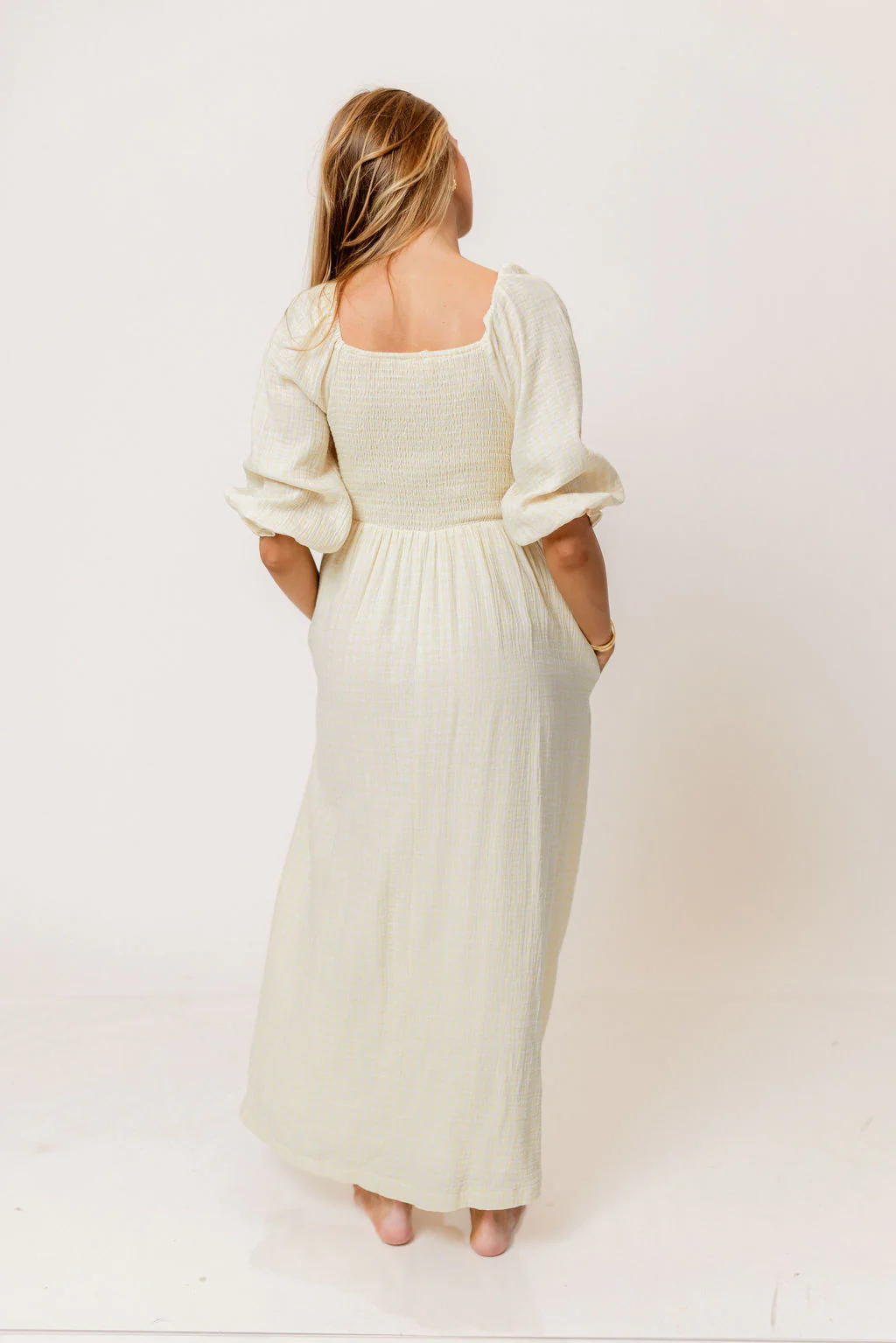 Cecilia 100% Cotton Smocked Maxi Dress in Custard Plaid (Lined) - Bump Friendly - Image 8
